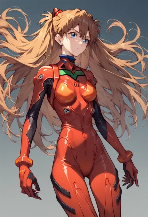 asuka langley soryu, long hair, bangs, blue eyes, brown hair, hair ornament, bodysuit, pilot suit, plugsuit, red bodysuit, inter...