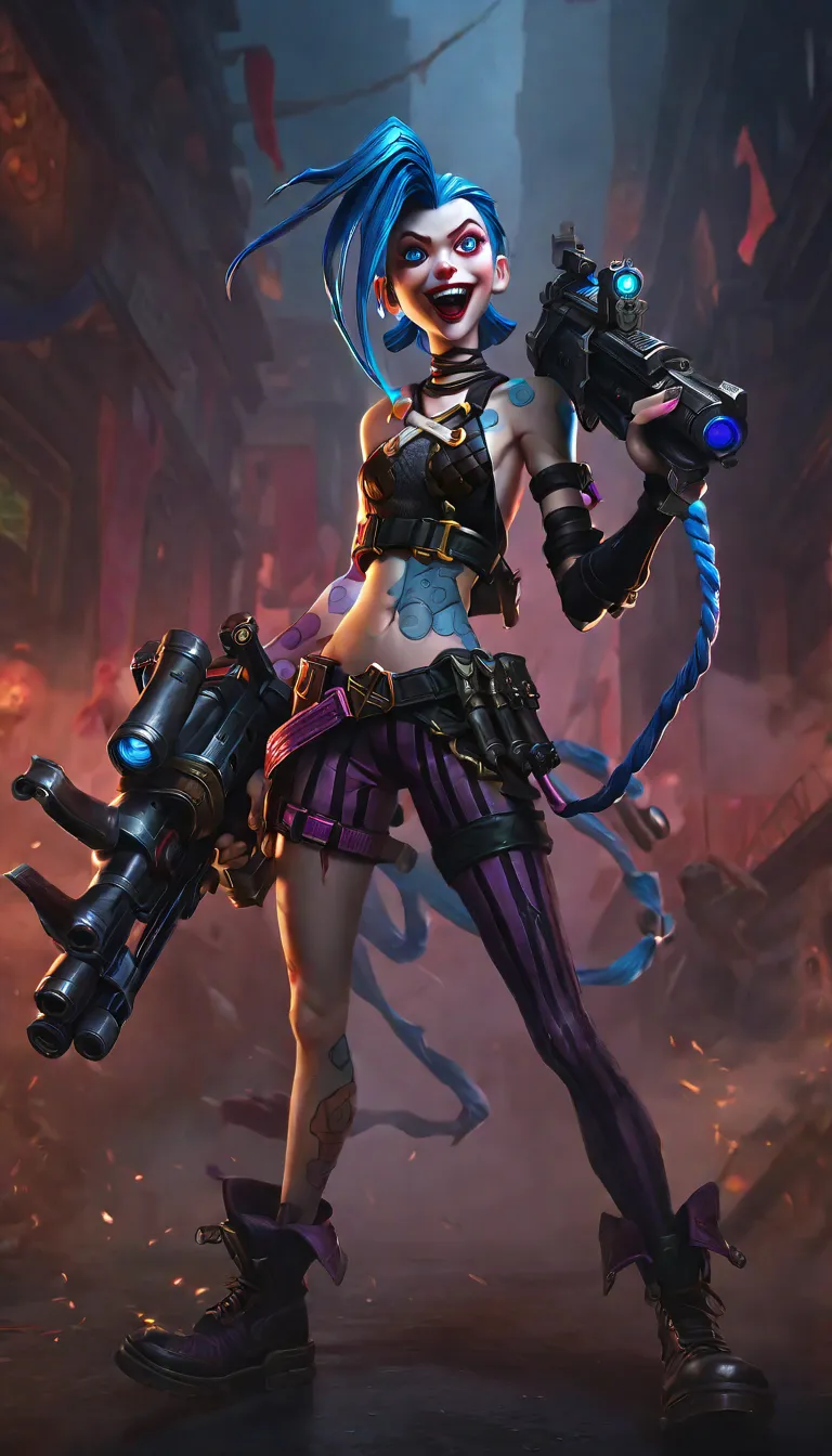 a candid full body portrait of jinx with guns in hands, highly expressive, detailed digital art, cinematic lighting, vibrant col...