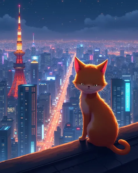 Asahi, bright ,Multiple light , colorful , The City of Tokyo,Overlooking from the roof,cat