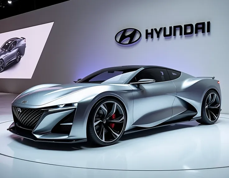 New Hyundai N vision 74 side view cilver colour shiny exterior showroom and background logo 