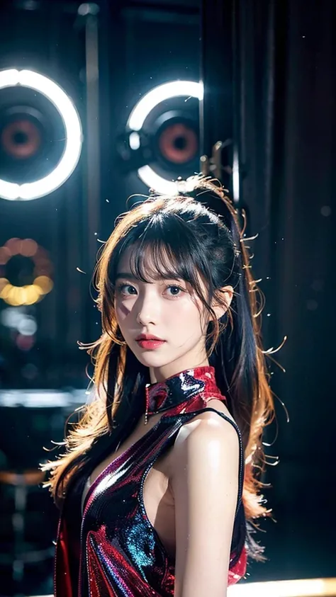 Korean women, Very beautiful,   perfect face,  Long black hair with bangs and ponytail   ,  and shes a model、 Im walking the runway wearing colorful and flashy costumes。, Perfect whole body. Shes being photographed  、Tokyo Collection 2024、16k、 Hi-Res、Woman...