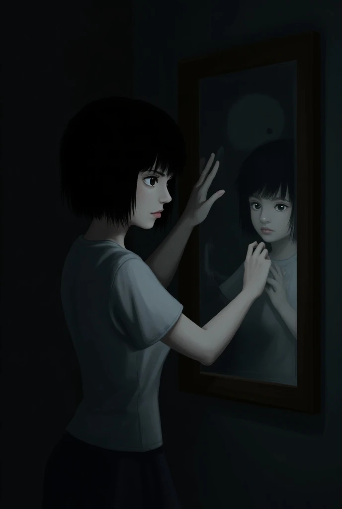 Woman with short black hair,Wood frame glass cleaning,In a dark room, ,2d image,In the mirror there is a shadow