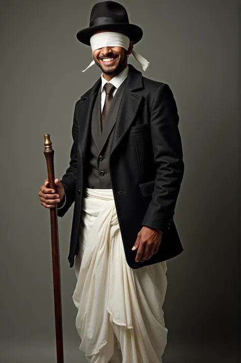 A young Indian man smiling dressed as Sherlock Holmes, with the classic black tweed jacket and chaplin hat, but wearing a traditional white dhoti instead of pants. He has a cloth tied as a blindfold over his eyes, standing confidently with a chaplin stick ...