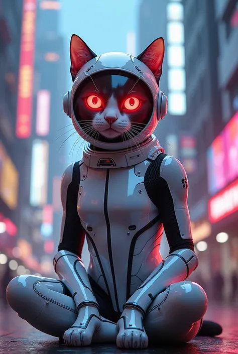 Cat in white glossy cybrog helmet and costume with red glowing eyes sitting in cyberpunk neon City with blue and pink light 