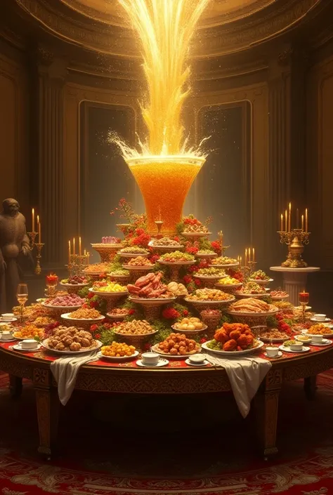 Table with a large banquet and an overflowing glass 