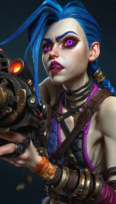 a candid full body portrait of jinx with guns in hands, highly expressive, detailed digital art, cinematic lighting, vibrant colors, hyper realistic, sharp focus, 8k, masterpiece, lolsplashart, beautiful detailed eyes, beautiful detailed lips, extremely de...