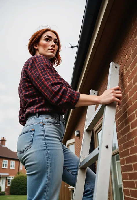 Photorealistic (((extremely low-angle picture))), featuring a woman climbing a ladder to clean her gutters. (dynamic pose:1.5). She is a beautiful british woman, with brown eyes, downturned eye shape. She has high cheekbones and dark eyebrows. She has redd...