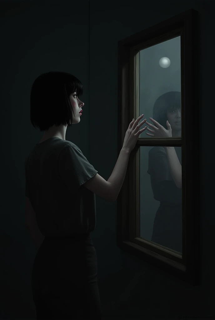 Woman with short black hair,Wood frame glass cleaning,In a dark room, ,2d image,In the mirror there is a shadow