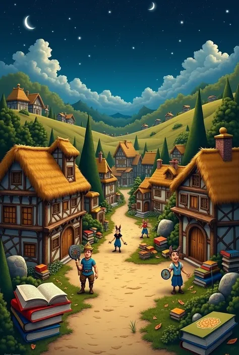 A Gallic village inspired by the Astérix comic book ,  books are arranged all over the image, le ciel est étoilé et il fait nuit