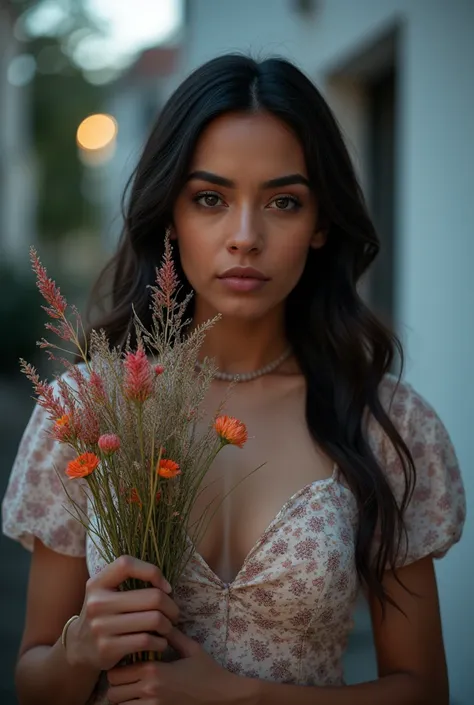 A beautiful award winning full length portrait of a dusky maiden wearing a chic floral dress,she is outdoors,holding a dainty bouquet of precisely arranged wild flowers,minimalistic composition,very dramatic lighting,in the style of wes anderson,hints of d...