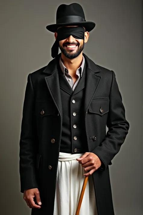 A young Indian man smiling dressed as Sherlock Holmes, with the classic black tweed jacket and chaplin hat, but wearing a traditional white dhoti instead of pants. He has a black cloth tied as a blindfold over his eyes, standing confidently with a chaplin ...