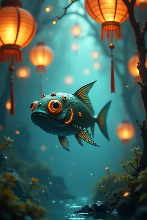 Make me a multi-eyed fish multiple lantern-hanging lanterns