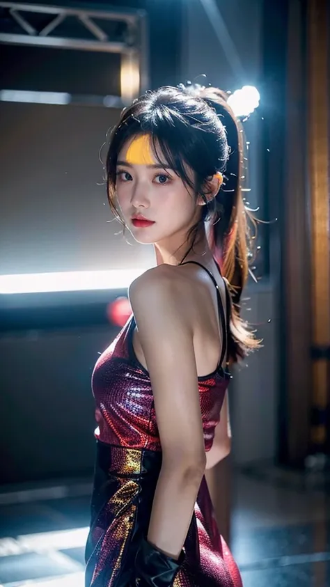 Korean women, Very beautiful,   perfect face,  Long black hair with bangs and ponytail   ,  and shes a model、 Im walking the runway wearing colorful and flashy costumes。, Perfect whole body. Shes being photographed  、Tokyo Collection 2024、16k、 Hi-Res、Woman...