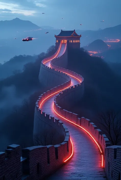 Modern with neon lights Great wall of china in year 2078 with flying cars