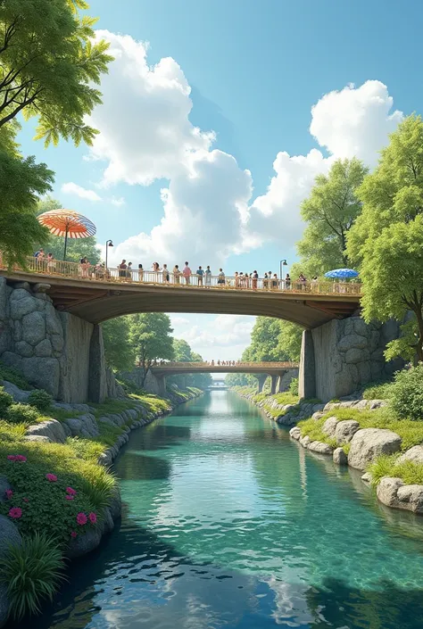 a bridge over the river .  the bridge is connected to pedestrians in the landscape area of the park and it is also close to the parking.  the bridge is also friendly .  show the bridge creatively and the view from the top .  is more creative because it is ...