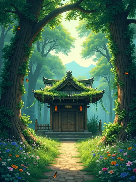 (((ジブリ風))), (8k), (highly), (detailed), wide angle, soft lighting, elaborate, an old wooden shrine hidden deep in the forest, guarded by towering pine trees and thick vines, sunlight filtering softly through the leaves, colorful butterflies fluttering over...