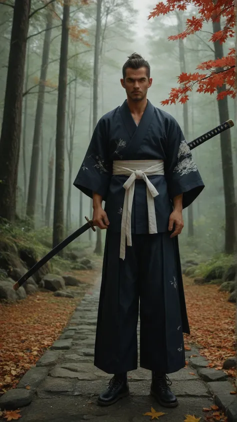 "Create an image of a handsome male character with an eight-heads-high body proportion, a small, strikingly handsome face, and an aura of strength and elegance. He is dressed in a modernized samurai-inspired outfit that combines traditional Japanese elemen...