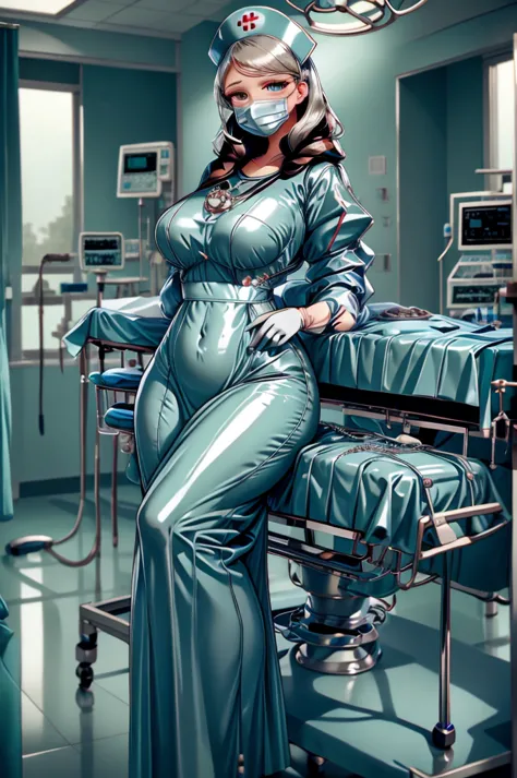 nurse uniform,hospital, latex nurse suit,nurses,busty,elbow gloves,labcoat,black hair woman,blueeyes , gigantic ,medical instrum...