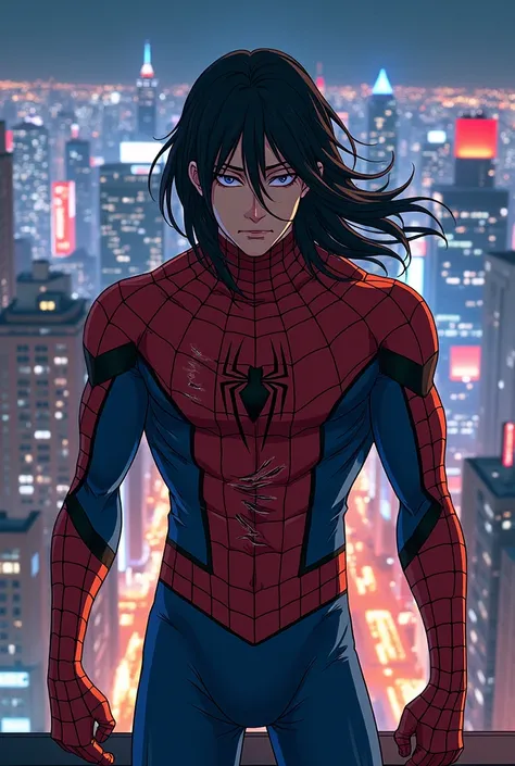 Gojo Satoru en costume de spider man sur un toit d’immeuble, blessure costume dechiré, Spider-Man, ville lumineuse en arriere plan, image 4k, style manga, cheveux noir, Gojo Satoru, blessure, costume dechiré, sans masque 