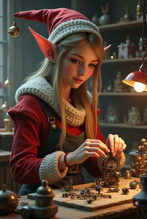 Adult female elf tinkering in Santas workshop, realistic portrait.