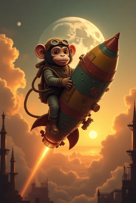 Un singe senvolant avec une fusée direction la lune dans un style steampunk  fin 18e siècle avec de fortes couleurs vives 