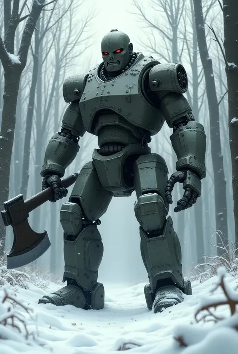 An iron woodcutter in the form of a robot from a Soviet cartoon with a serious expression on his face, a monster. He holds an axe in his hands. Standing in a snowy forest