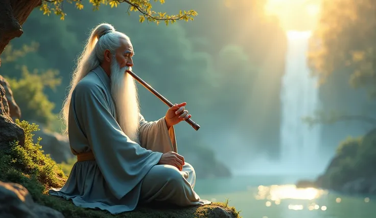 30-year-old Asian middle-aged Taoist elder sitting on a rock close-up, blowing a flute, Long white hair, Long beard, meditating with crossed legs, Taoism, Wearing a gray robe and gazing into the distance, Magical Aura, Master of Taoism, Taoism, Very bright...