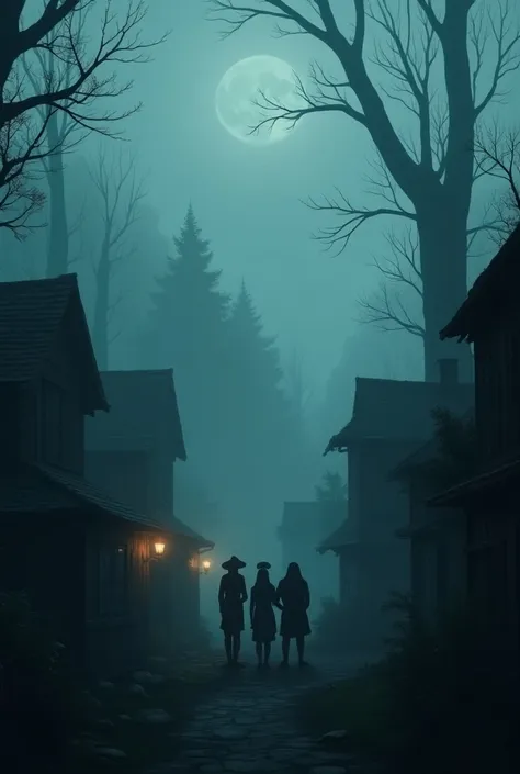 An errie, fog-covered village surrounded by dense, dark forest ren with worried expression gather and whispers spreading rumour haunted version of there favourite cartoon character 