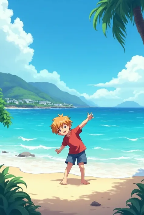 Anime a  boy doing a dab at the sea