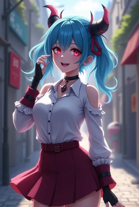 League of Legends,Jinx，An anime girl with blue hair， in a white shirt ，Dragon Horn，Street Scene， Cinematic Lighting ，（ best quality ，4K，8k， High Res，masterpiece：1.2），Red pupil, The cuffs and skirt are dark red , Put a red hairpin on the side of the ear, Bl...