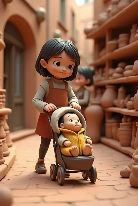  clay anime、Mother pushing a stroller in a store