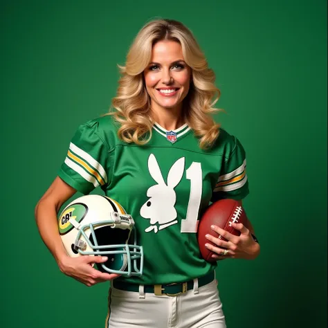 a full body portrait of Raquel Welch wearing a green football jersey with white stripes and a white bunny on the front. She is holding a football helmet in her left hand and a football in her right hand. The woman has blonde hair styled in loose waves and ...