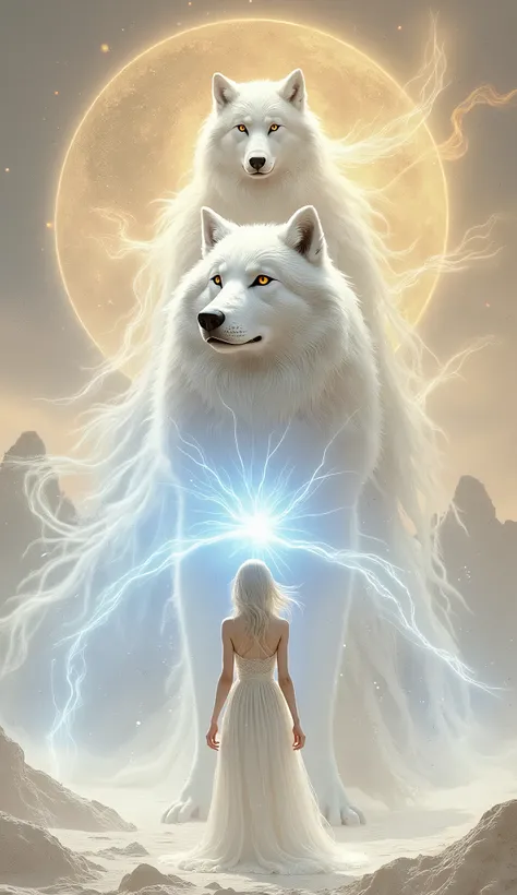 白い狼のGuardian spirit、White wolf and woman、Wolf protecting women、Pale and beautiful aura、Guardian spirit