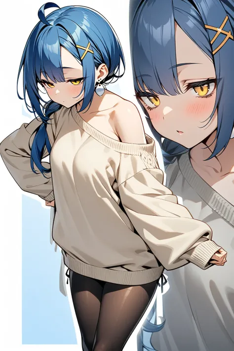 High image quality
 1 girl ,  Golden Eyes ,   Blue Hair、 shortcuts,   low ponytail in tights、  Earrings for One Woman ,  Ahoge,   asymmetrical bang ,  x-shaped hair ornament,   big sweater showing left shoulder、 hotpants、 Half-open eyes、 dark circles under...