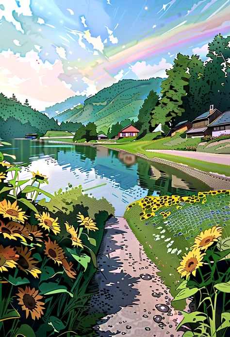  sunflower , garden, lake, Small Hill, Pebble Path,Anime, masterpiece, Best Quality,  anatomically accurate,  Attention to Details , 8k,  wallpaper, sparkling water drops , after rain,Rainbow in the sky