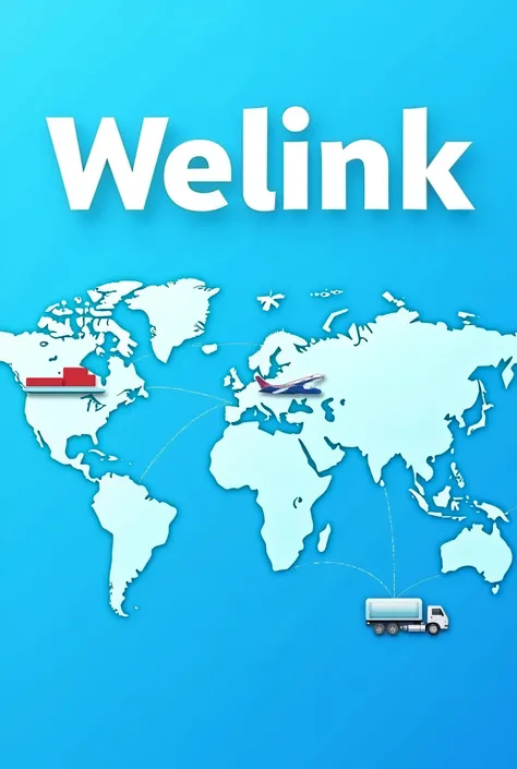 A modern, professional logistics and supply chain poster with a global theme, showing connections between major cities worldwide. Bold text that says Welink at the top, with icons of cargo planes, ships, and trucks. A clean blue and white color scheme for ...