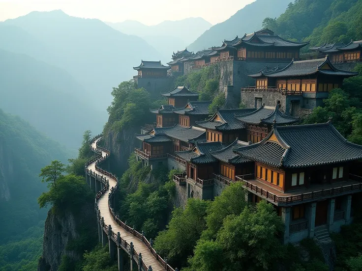 This photo captures a stunning aerial view of Chinas ancient city of Fenghuang, also known as the "Phoenix City", situated on a steep rocky hillside. The image shows traditional Chinese architecture with intricate tiled roofs and wooden bridges connecting ...