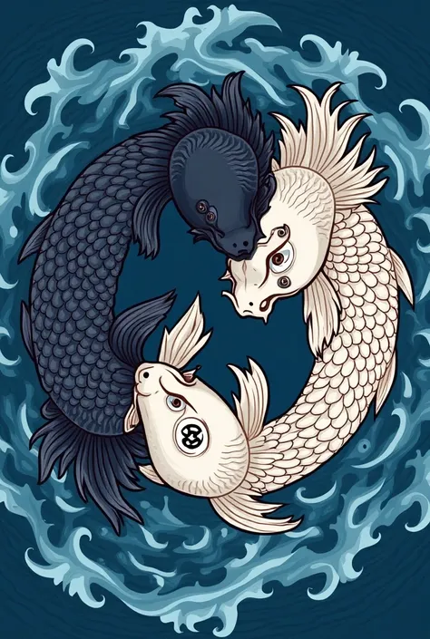 Two yin yang fish,one fish is black and another is white zodiac sing ,blackguard is wave blue
and pieces zodiac sing at the middle , fish look like a little angry and want to bite something , fish as a little china dragon
