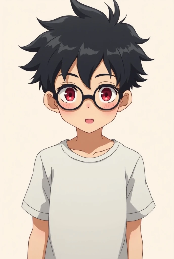 Boy in the front black hair nerd glasses and red eyes full body Cartoon style anime front full body 
