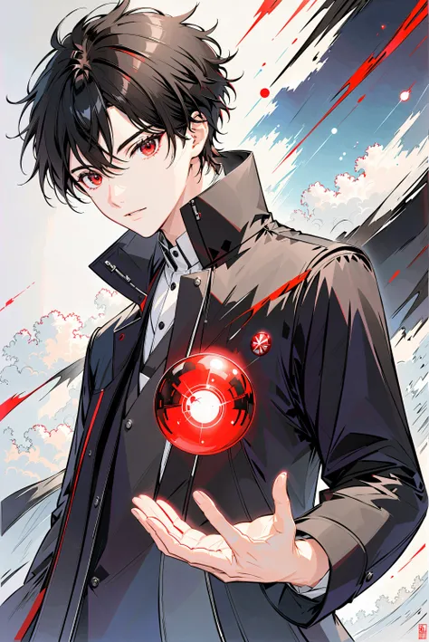 Single， modern style ， black hair ，male，Black coat， off-white lining ，Red eyes ，Right hand raised，There is a grey fireball in the right hand，Finger Repair