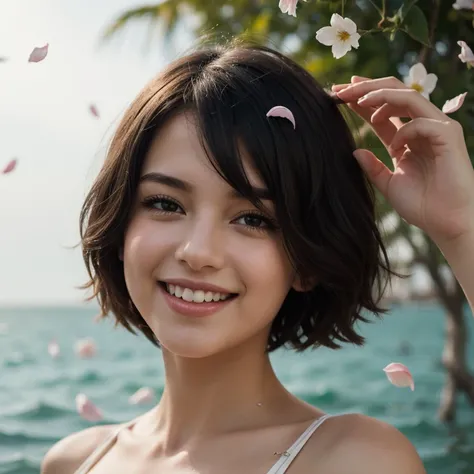 One beautiful and delicate portrait of a playful cute young woman with short boyish hair, black hair, emerald green sea, mischievous smile, dancing petals, (top quality, masterpiece, ultra-realistic) and petals floating in the background