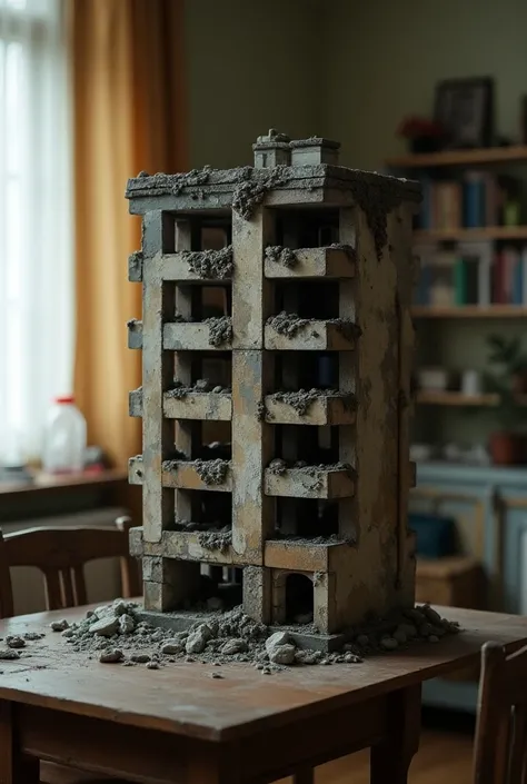 A miniature run-down creepy ussr building stands on a table in an apartment | constructor | 4k, hdr | photorealistic | shot on iPhone | style raw