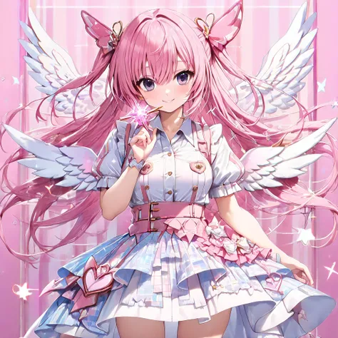 (masterpiece)、( best quality)、( Hi-Res)、( Magical Girl:2)、smile、 long hair、((Pink:2))、Heart Stick、 angel wings:1.5、 checkered asymmetric hem short sleeve dress (CABARET DRESS)。 An eye-catching asymmetrical hem skirt with double buttons like a trench coat、 ...