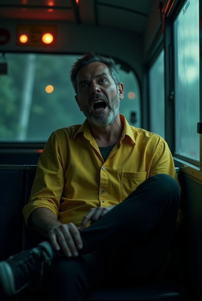 One man 35 year old wearing yellow shirt black pant seating a haunted bus inside scared shocked face reaction at night 