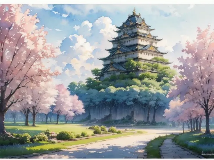 (masterpiece),(Best Quality:1.2),( very detailed:1.2),( Hi-Res),(((watercolor))),8k, wallpaper,Osaka Castle,(( Knight )),(Osaka Shigeru , cloud, tree, null, Outdoor, scenery, Architecture, day,  building , cloudy null, road, blue null,  Real World Location...