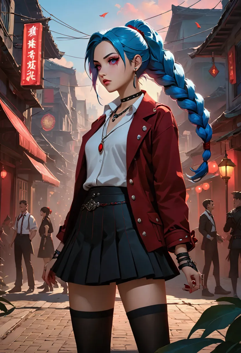 league of legends,jinx，an anime girl with blue hair，punk style eye makeup ，long braids， in a white shirt ，street scene， cinemati...