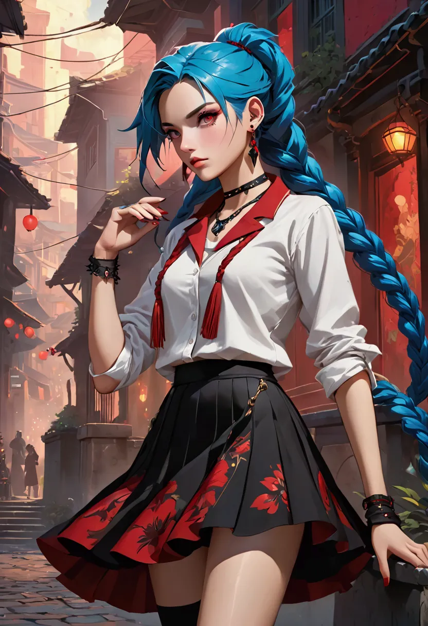 league of legends,jinx，an anime girl with blue hair，punk style eye makeup ，long braids， in a white shirt ，street scene， cinemati...