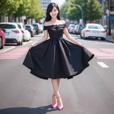 ((Best Quality, 8k, masterpiece: 1.3)), female 1 person, smile, full body, Slim face, Beautiful woman, Black Hair, Pink Dress，full length dress : 1.1, Brightly colored dresses，pumps,  super detailed face,  beautiful eyes,  double eyelid,  blurry background...