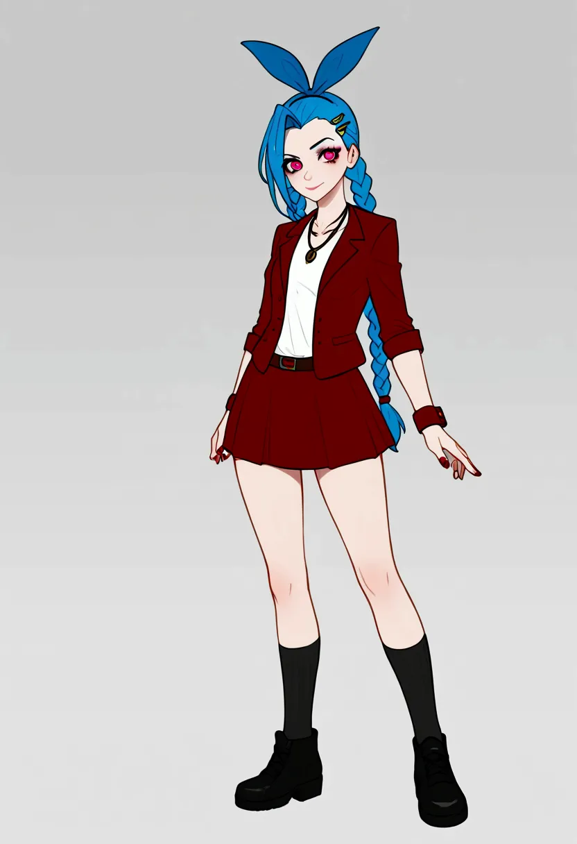 league of legends,jinx，an anime girl with blue hair，punk style eye makeup ，long braids， in a white shirt ，street scene， cinemati...