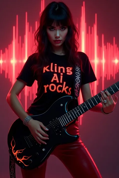 The image depicts a sexy Woman with hourglass body and hug tits playing an electric guitar, which is a musical instrument characterized by its electronic sound production. The guitar has a distinctive Glossy black with red and orange flames on it, which is...